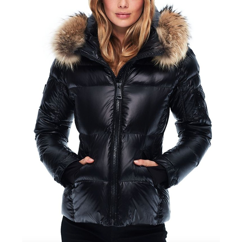 SAM. Blake Fur Trim Down Coat Puffer Jacket in Jet Black